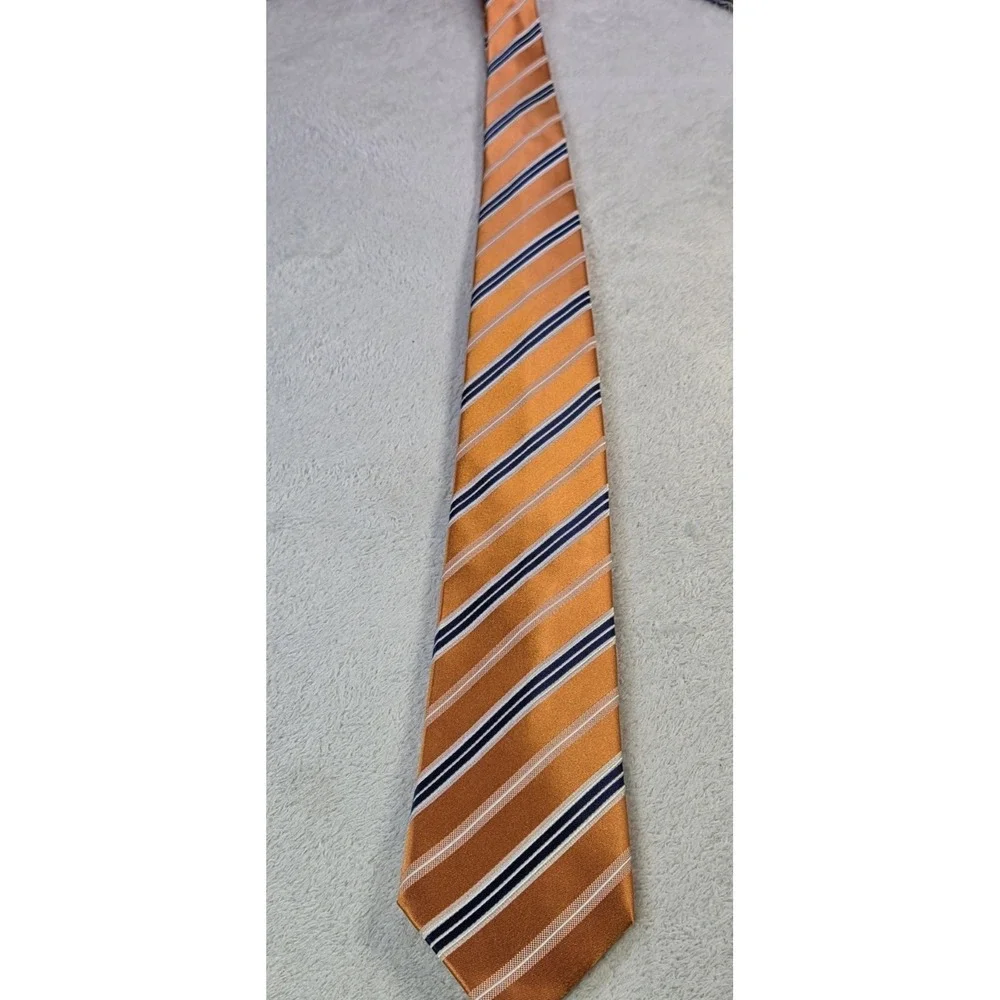 Geoffrey Beene 100% Silk Tie Orange Blue Striped Classic Width Mens Necktie...